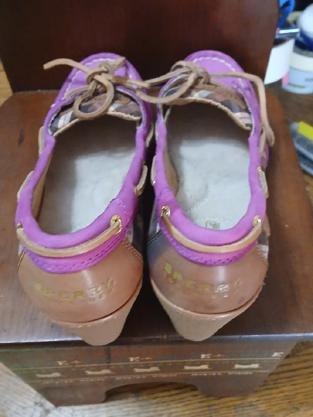 Sperry/topsider,suede Fuscia Plaid Wedge Shoes‎ with Tan Leather-Laces, Sz.8m